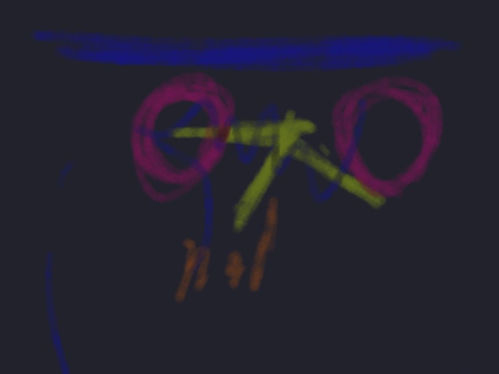 A dark background with colorful chalk-like drawings in pink, yellow, and blue depicting abstract shapes, including circles and lines.